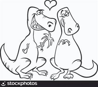 Black and White Valentines Day Cartoon Illustration of Funny Dinos Couple in Love for Coloring Book