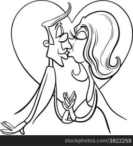 Black and White Valentines Day Cartoon Illustration of Funny Kissing Couple in Love for Coloring Book