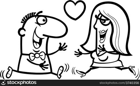 Black and White Valentines Day Cartoon Illustration of Happy Couple in Love for Coloring Book