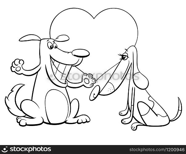 Black and White Valentines Day Greeting Card Cartoon Illustration with Funny Dog Couple Characters in Love Coloring Book Page