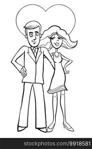 Black and white Valentines Day greeting card cartoon illustration with young people couple characters in love