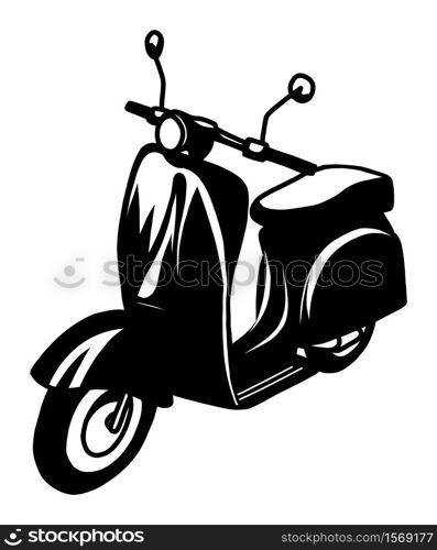 Black and white vector doodle hand drawn picture of a retro scooter motorcycle