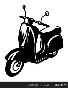 Black and white vector doodle hand drawn picture of a retro scooter motorcycle