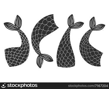 Black and white vector fishes, mermaids tails collection. Mermaid and fairytale fish, tail of animal illustration. Black and white vector fishes, mermaids tails collection