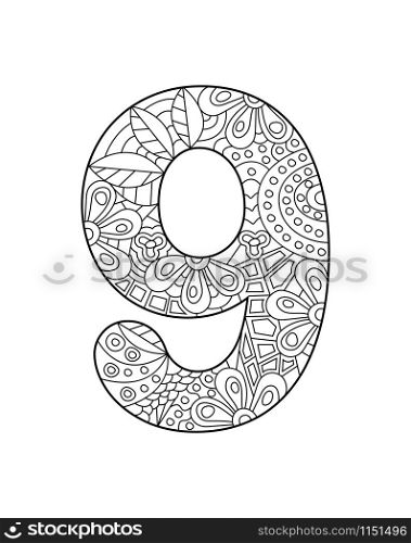 Black and white vector illustration for coloring. Number nine in the Zentangle style. Empty linear contour isolated on white background.