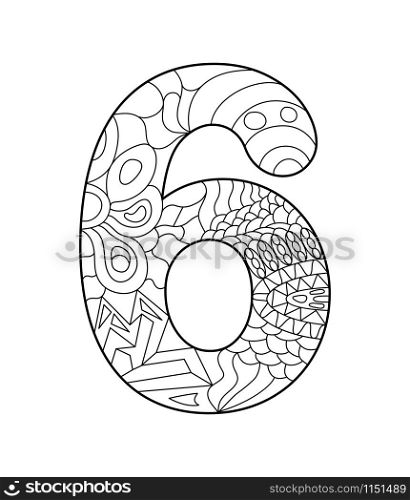 Black and white vector illustration for coloring. Number six in the Zentangle style. Empty linear contour isolated on white background.