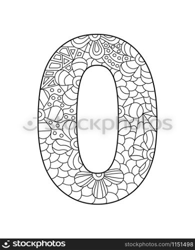 Black and white vector illustration for coloring. Number zero in the style of Zentangle. Empty linear contour isolated on white background.