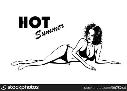 Black and white vector illustration of a beautiful woman wearing a bikini sunbathing Along with hot summer messages It is suitable for use in advertising to invite in tourism.