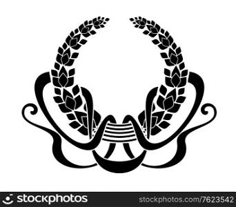 Black and white vector illustration of a circular foliate wreath with winding ribbons in silhouette enclosing copyspace