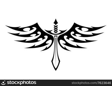 Black and white vector illustration of a winged sword tattoo with barbed feathers in outspread graceful wings