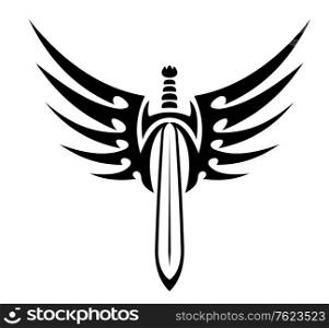 Black and white vector illustration of a winged sword with stylized outspread feathers for tribal tattoo design