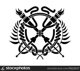 Black and white vector illustration of crossed flaming torches over a laurel wreath surrounding a circle