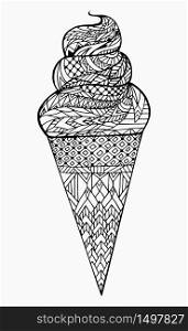 Black and white vector illustration of ice cream cone with boho pattern. Doodle element for printing on T-shirts, postcards and your creativity. Black and white vector illustration of ice cream cone with boho pattern