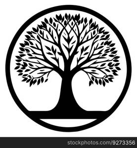 Black and white vector illustration of olive tree in circle, isolated on white background