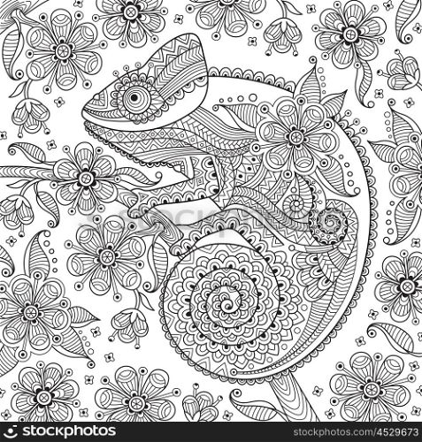 Black and white vector illustration with a chameleon in ethnic patterns on the flowering branch. It can be used as coloring antistress for adults children. Black and white vector illustration with a chameleon in ethnic patterns on the flowering branch. It can be used as a coloring antistress for adults and children.