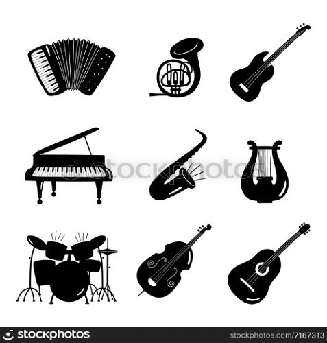 Black and white vector music instruments icons isolated on white background. Electric and acoustic music equipment illustration. Black and white vector music instruments icons isolated on white background