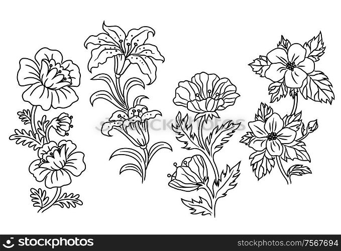 Black and white vector outline summer flowers shower different species each with two blooms to a stem