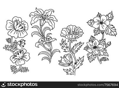 Black and white vector outline summer flowers shower different species each with two blooms to a stem