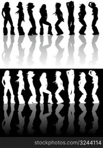 black and white vector silhouettes of dancing girls
