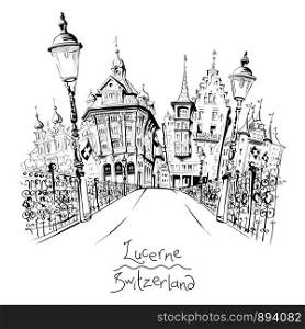 Black and white vector sketch of fairy tale houses and Reussbrucke bridge over Reuss river in the Old Town of Lucerne, Switzerland. Old Town of Lucerne, Switzerland