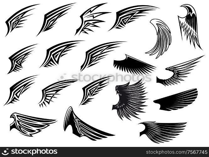 Black and white vector stylized heraldic bird wings showing only a single wing with feather detail