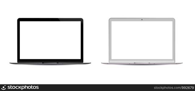 Black and white version Laptop pc set with white lcd screen isolated on background. Portable notebook computer realistic vector illustration. Modern design for your site or commercial.. Black and white version Laptop pc set white lcd