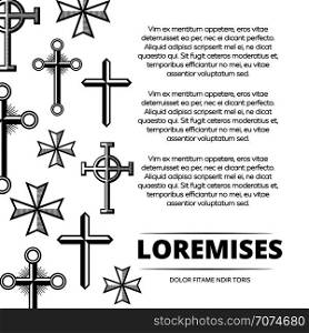 Black and white vintage crosses poster backdrop. Vector flat illustration. Black and white vintage crosses poster backdrop