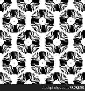 Black and white vinyl record seamless pattern. Rock and roll or pop background.. Black and white vinyl record seamless pattern.