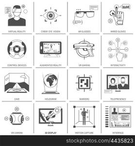 Black And White VR Icons. Black and white flat icons set of technological devices for virtual augmented reality isolated vector illustration