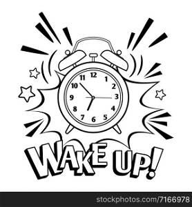 Black and white wake up clock. Vector cartoon alarm clock isolated on white background. Cartoon alarm clock isolated on white