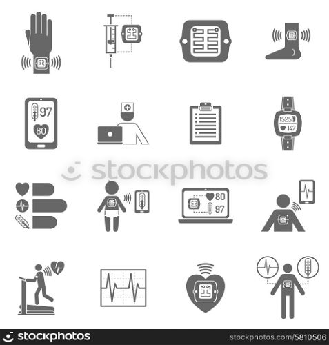 Black and white wearable smart electronic patch isolated flat icons vector illustration. Wearable smart electronic patch flat icons