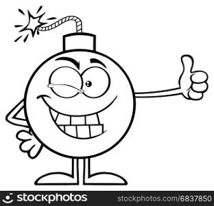 Black And White Winking Bomb Cartoon Mascot Character Giving A Thumb. Illustration Isolated On White Background