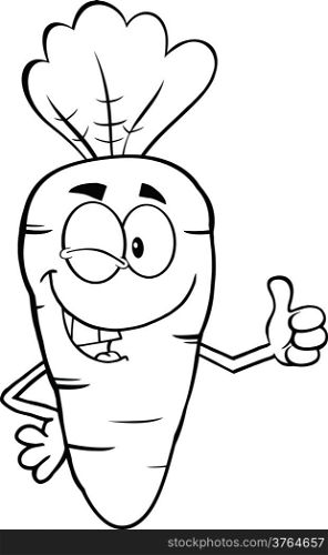 Black And White Winking Carrot Cartoon Character Holding A Thumb Up