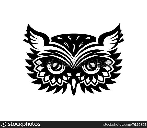 Black and white wise old horned owl head with big eyes and feather for mascot or tattoo design. Wise old horned owl head
