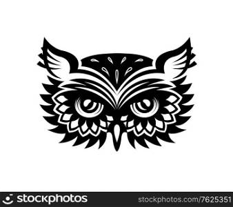 Black and white wise old horned owl head with big eyes and feather for mascot or tattoo design. Wise old horned owl head