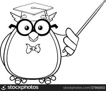 Black And White Wise Owl Teacher Cartoon Mascot Character With A Pointer