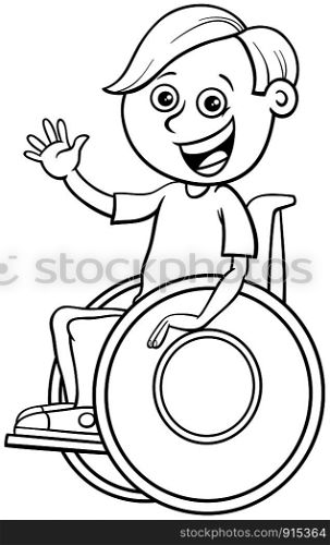 Black and WhiteCartoon Illustration of Elementary or Teen Age Disabled Boy Character on a Wheelchair Coloring Book