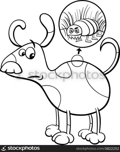 Black and WhiteCartoon Illustration of Funny Dog with Flea in his Hair for Coloring Book