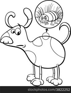 Black and WhiteCartoon Illustration of Funny Dog with Flea in his Hair for Coloring Book
