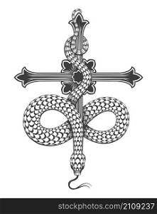 Black and Wite Tattoo of snake on a cross isolated on white. Vector illustration.