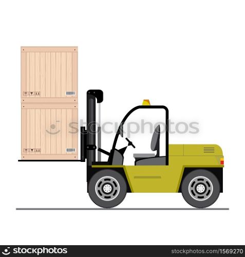 Black and yellow Forklift truck with boxes - side view,isolated on white background,vector illustration