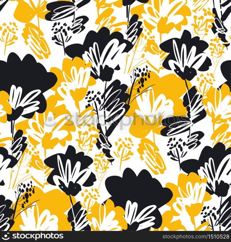 Black and yellow modern dynamic floral seamless pattern. Hand drawn flower vector tile rapport for background, fabric, textile, wrap, surface, web and print design.