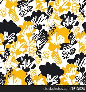 Black and yellow modern dynamic floral seamless pattern. Hand drawn flower vector tile rapport for background, fabric, textile, wrap, surface, web and print design.