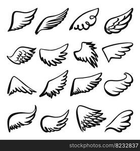 Black angel wings. Isolated drawing wing of bird, goose, seagull, dove. Devil vs angels, holy heaven vintage decoration elements. Doodle tattoo neoteric vector set of bird wing silhouette. Black angel wings. Isolated drawing wing of bird, goose, seagull, dove. Devil vs angels, holy heaven vintage decoration elements. Doodle tattoo neoteric vector set