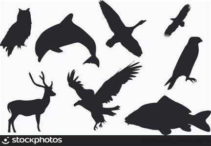 Black animal silhouettes isolated on white.