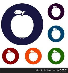 Black apple icons set in flat circle reb, blue and green color for web. Black apple icons set