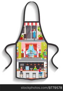 Black apron isolated on background. Clothes for work in kitchen, protective element of clothing for cooking. Apron with image of people eating in restaurant. Cooking restaurant meals at home. Black apron with image of people eating in cafe. Clothing for cooking restaurant meals at home