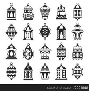 Black Arabic lantern. Oriental Muslim fanous silhouette. Vintage Arabian Ramadan holiday moon symbol. Traditional religious festive l&s. Outline antique hanging lights. Vector isolated icons set. Black Arabic lantern. Oriental Muslim fanous silhouette. Vintage Arabian Ramadan holiday moon symbol. Traditional religious l&s. Antique hanging lights. Vector isolated icons set