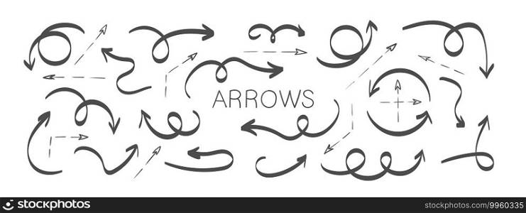 Black arrow icons. Grunge arrows. Hand drawn arrows. Set of vector curved arrows. Sketch doodle style. Vector illustration