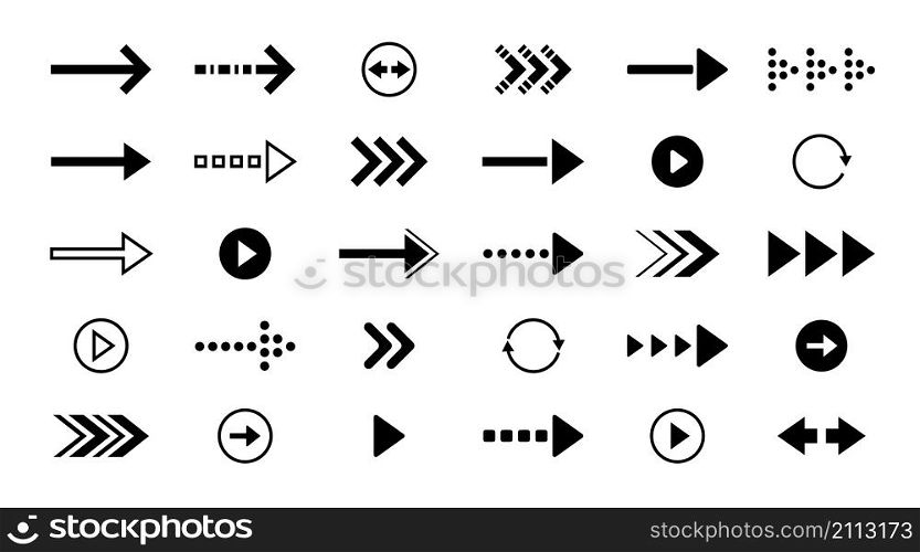 Black arrow icons. Interface back forward left right up and down direction symbols, web and application navigation collection. Vector orientation pointer and logo set dynamic arrows different directions. Black arrow icons. Interface back forward left right up and down direction symbols, web and application navigation collection. Vector orientation pointer and logo set